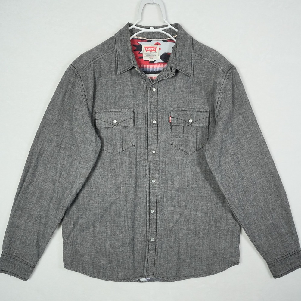 Levis Mens Gray‎ Pearl Snap Western Shirt Southwestern Lined 3LDLW105 Large - Picture 5 of 9